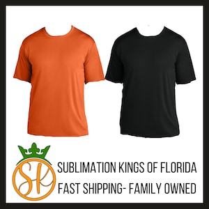 May include: Two blank t-shirts, one orange and one black, are shown on a white background. The shirts are both short-sleeved and crew neck. The text "Sublimation Kings of Florida" and "Fast Shipping - Family Owned" is displayed below the shirts.