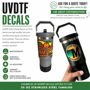 Pu&ograve; includere: Immagine di due bicchieri in acciaio inossidabile da 887 ml con decalcomanie UVDTF. Uno &egrave; grigio con un design "Florida Heat", l'altro nero con un logo "Montville Township NJ". L'immagine include testo sulle decalcomanie.
