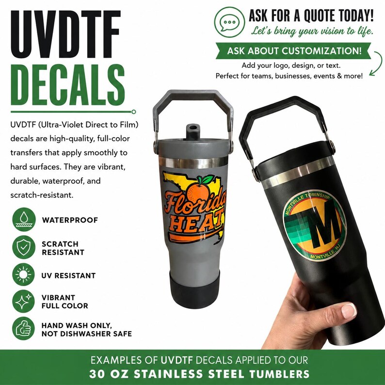 Pu&ograve; includere: Immagine di due bicchieri in acciaio inossidabile da 887 ml con decalcomanie UVDTF. Uno &egrave; grigio con un design "Florida Heat", l'altro nero con un logo "Montville Township NJ". L'immagine include testo sulle decalcomanie.