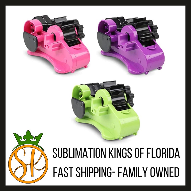 May include: Three tape dispensers in pink, purple, and green. Each dispenser has a black tape roll and a black handle.
