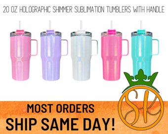 Sublimation 20 ounce with Handle | Shimmer | Holographic | Stainless-Steel Tumbler | Screw on Lid | Sublimation Blanks | Gloss Finish