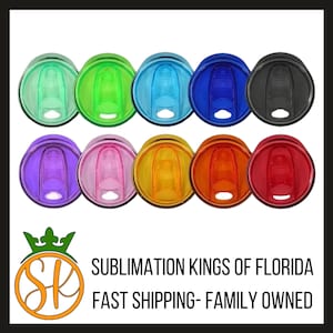 May include: Assortment of 10 colorful plastic lids for tumblers. The lids are in various colors, including green, blue, purple, pink, orange, and red.  The lids have a small opening for sipping and a slider to open and close the opening.