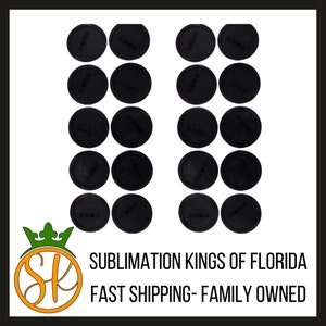 May include: A set of 18 black round coasters. The coasters are arranged in two rows of nine. The coasters are blank and ready for sublimation.