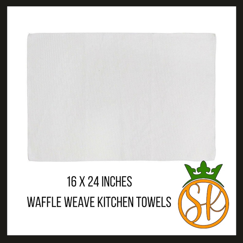 Puede incluir: Toalla de cocina blanca con tejido de gofre, de 40,6 x 61 cm. La toalla tiene una superficie texturizada y es rectangular. El texto "WAFFLE WEAVE KITCHEN TOWELS" est&aacute; impreso debajo.