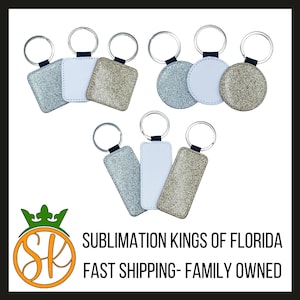 May include: Set of blank sublimation keychains with glitter finish.  Keychains come in round, square, and rectangular shapes.  The keychains are ready to be customized with your own designs.
