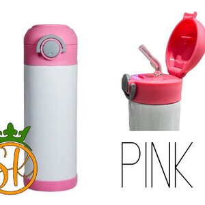 May include: Pink stainless steel water bottle with a flip top lid and a straw. The bottle has a white body and a pink lid and base.
