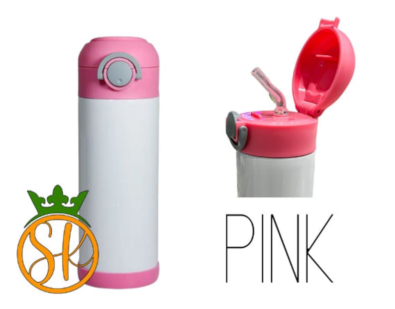 May include: Pink stainless steel water bottle with a flip top lid and a straw. The bottle has a white body and a pink lid and base.
