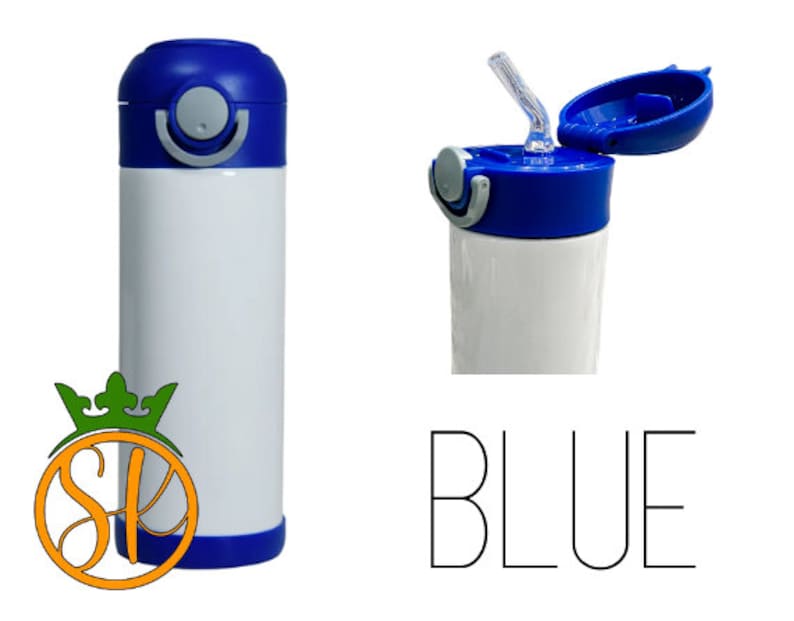 May include: A blue and white stainless steel water bottle with a straw lid. The lid has a flip top and a carrying handle. The bottle is blank and ready to be customized.