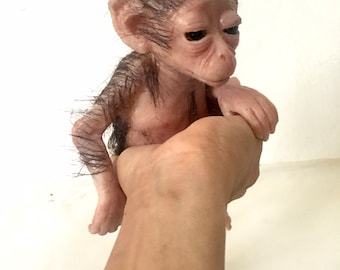 May include: A small, realistic-looking monkey doll made of silicone with brown fur and a light brown face. The doll is being held in a person's hand.