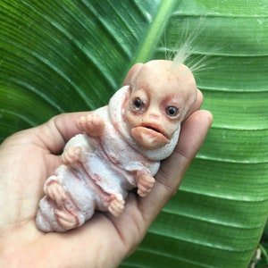 Puede incluir: Una pequeña figura blanca de tipo muñeca con una cara humana y un mechón de pelo blanco en la cabeza. La figura está envuelta en un paño blanco y tiene pequeñas manos y pies rosados. La figura está siendo sostenida en la mano de una persona.