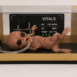 May include: A small, pale, humanoid alien figure with large black eyes lies inside a rectangular display case with tan cardboard edges. A clear tube connects to its mouth. A black sign behind it reads VITALS, HR 120 BPM, O2 98%, and TEMP 36.7°C.