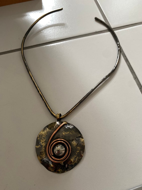 Contemporary Artisan Metal Brass & Copper Necklace, b… Gem