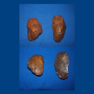 May include: Four stone tools, likely used for scraping or cutting, are displayed on a blue background. The tools are various shades of brown and have a rough, textured surface.