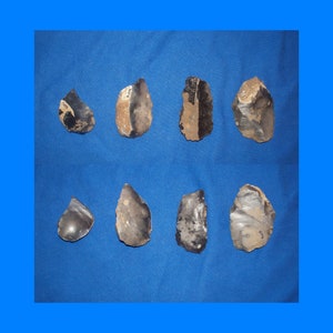 May include: Eight flint arrowheads, some with markings, arranged on a blue surface.
