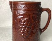 Mid Century or Before Vintage 1930-40s North Star Salt Glaze Stoneware Brown Pottery Pitcher Grape Pattern for Country Home or Bar decor