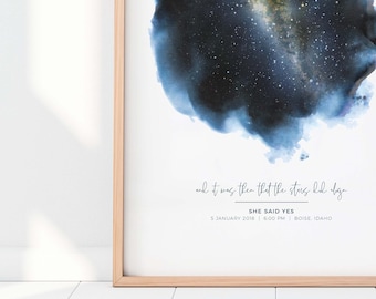 Carte des étoiles par date dans un design aquarelle céleste. Cette impression de carte des étoiles est le cadeau personnalisé parfait pour les couples.