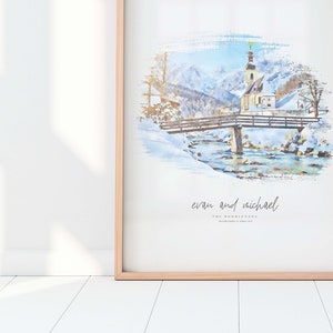 Illustratie van een wintertrouwlocatie is het perfecte aquarelhuwelijkscadeau voor een locatie