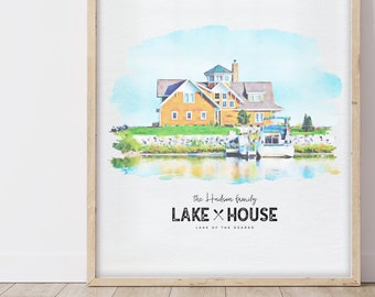 Custom Home Portrait in Watercolor Style. Perfect Lake House Decor for Mothersday Gift or Moving Away Gift. Give as Realtor Gift.