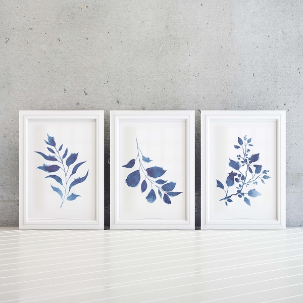 Indigo Botanical Print Set | Watercolor Botanical | Botanical Illustration | Foliage Print | Navy Blue Wall Art | Leaf Print | Art Print Set