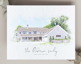 Portrait de maison personnalisé dans un style aquarelle. Cadeau de déménagement parfait pour la décoration de la maison. Offrez comme cadeau d'agent immobilier.