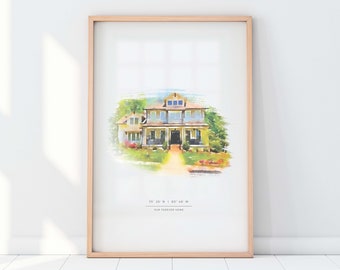 Portrait personnalisé dans un style Aquarelle. Cadeau de déménagement parfait pour la décoration intérieure. Offrir un cadeau à un agent immobilier.