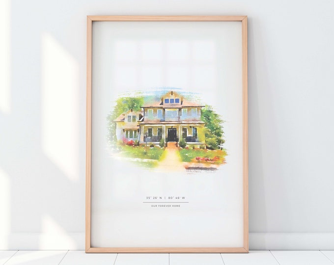 Custom House Portrait in Watercolor Style. Perfect Moving Away Gift for Home Decore. Give as Realtor Gift.