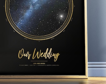 May include: A black and gold star map print with the text "Our Wedding" and "LIZA AND MARIA" and the date "19 MAY 2006 5:00 PM | CHARLOTTE, NORTH CAROLINA".