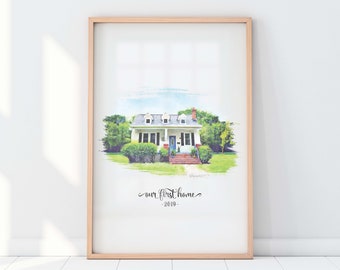 Custom Home Portrait in Watercolor Style. Perfect for First House, Housewarming or Moving Away Gift. Give as Realtor Gift.