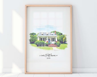 Portrait personnalisé à la maison dans un style aquarelle. Parfait pour une première maison, une pendaison de crémaillère ou un cadeau de déménagement. Offrir en cadeau à un agent immobilier.