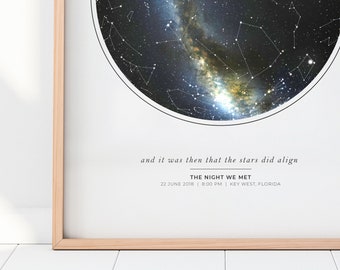 May include: A black and white star map print with the text "and it was then that the stars did align" and "THE NIGHT WE MET" with the date "22 JUNE 2018 | 8:00 PM | KEY WEST, FLORIDA".