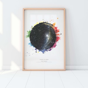 Carte des étoiles par date au format LGBT Pride Art Design. Cette impression de carte des étoiles est le cadeau de Noël lesbien parfait pour les couples.
