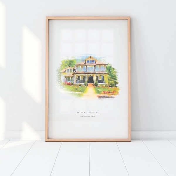 Retrato personalizado de casa en estilo acuarela. Regalo perfecto para quienes se mudan o para decorar el hogar. Ideal como obsequio para agentes inmobiliarios.