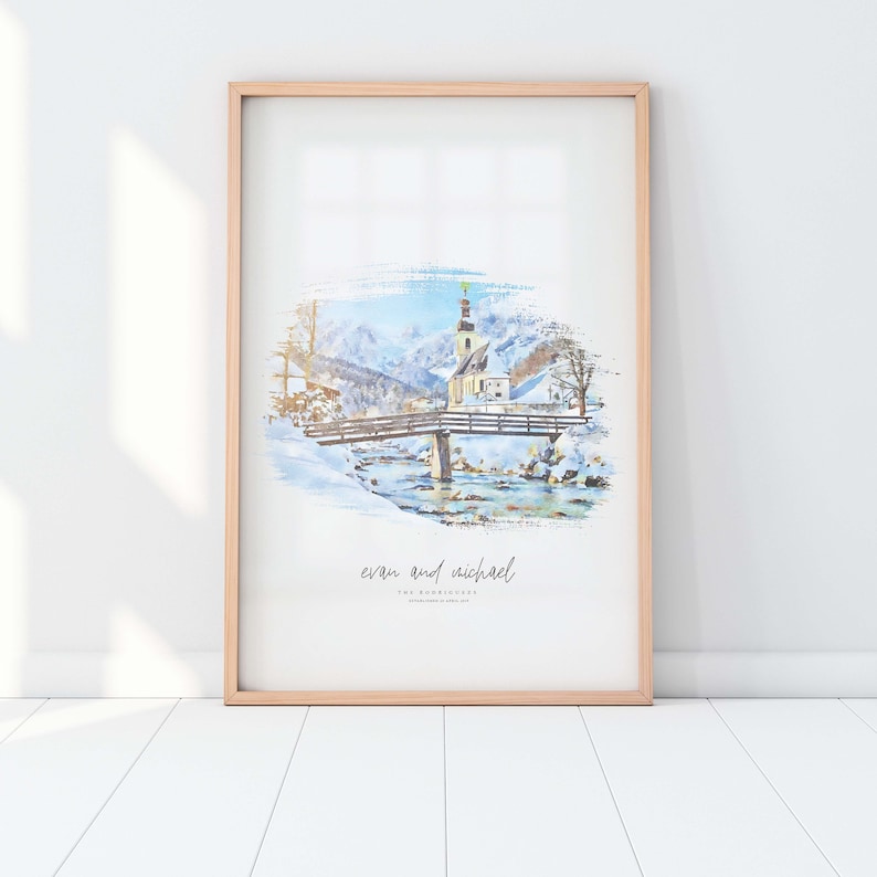 May include: A watercolor painting of a snowy village scene with a church, bridge, and river. The text "evan and michael the ramblers established in april 2017" is at the bottom of the image.