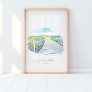 May include: A watercolor illustration of a wooden walkway leading through a grassy field towards a blue sky. The text "joe and meredith" is written below the image.