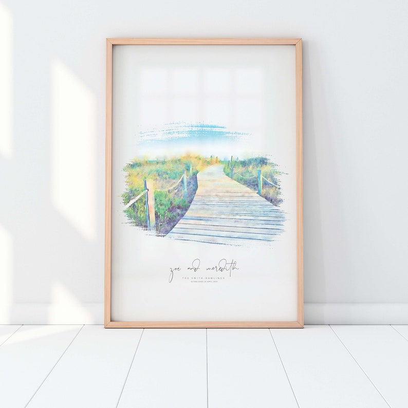 May include: A watercolor illustration of a wooden walkway leading through a grassy field towards a blue sky. The text "joe and meredith" is written below the image.