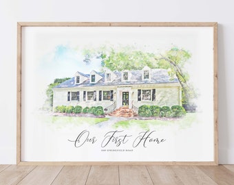 Custom House Portrait in Watercolor Style. Perfect Moving Away Gift for Home Decore. Give as Realtor Gift.
