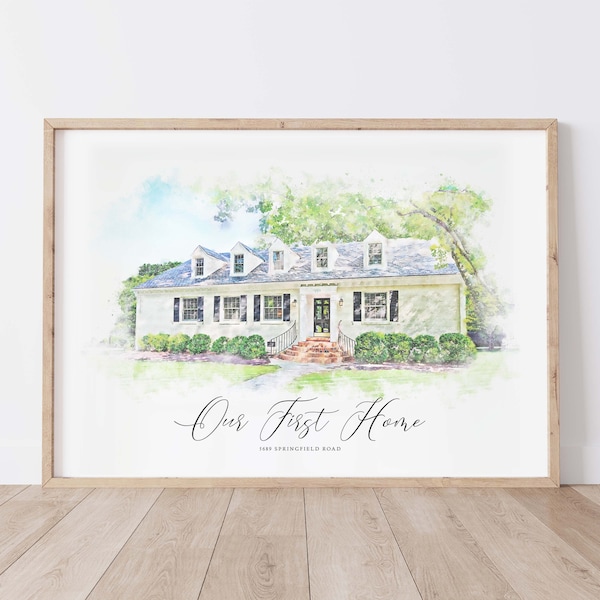 Portrait personnalisé dans un style Aquarelle. Cadeau de déménagement parfait pour la décoration intérieure. Offrir un cadeau à un agent immobilier.