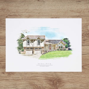 May include: A watercolor illustration of a two-story house with a garage. The house is painted in shades of beige and brown. The lawn is green and the sky is blue. The text "112&deg; 13' N | 77&deg; 7' W" and "THE SMITH FAMILY" is printed below the house.