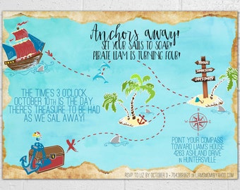 Pirate Invitation Treasure Map Invite - JPEG front & back - Pirate ship- pirate island - anchor - buried treasure - nautical birthday invite