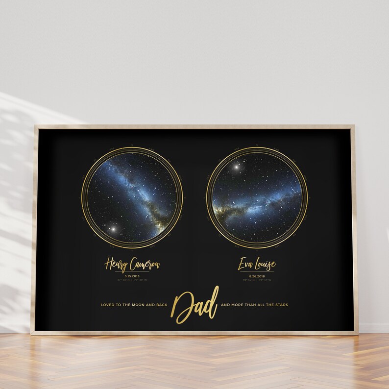 May include: A black and gold print with two star maps, one for Henry Cameron and one for Eva Louise. The text reads "Loved to the moon and back Dad and more than all the stars."