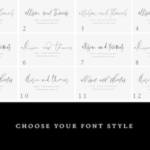 May include: Twelve different font styles for a wedding logo design. The logo features the names "Allison and Thomas" with the text "The Andersens" and "Established 20 April 2019".