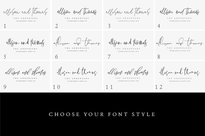 May include: Twelve different font styles for a wedding logo design. The logo features the names "Allison and Thomas" with the text "The Andersens" and "Established 20 April 2019".