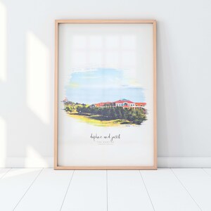 May include: A watercolor painting of a building with a red roof and green trees. The text "Daphne and Jacob The Martins" is written below the image.