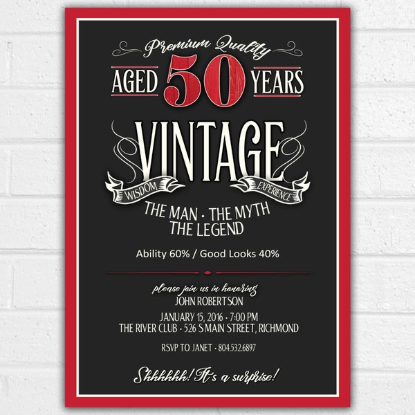 50th Birthday Invitation for Men - JPEG printable - Aged to Perfection - Over the Hill Birthday - Mens 50th Birthday - Whiskey Label