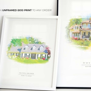 May include: A watercolor painting of a house with a white frame. The house is painted in shades of green, yellow, and brown. The text "1952 Petal Lake Drive" and "Where it all began" is printed below the house. The text "35&deg; 26' N | 80&deg; 46' W" and "Our Forever Home" is printed below the house.