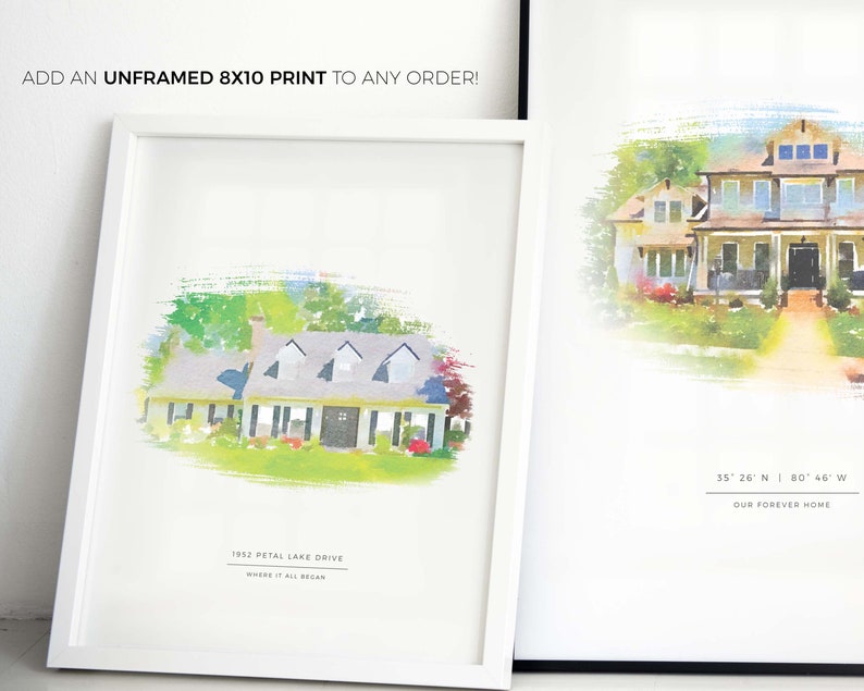 May include: A watercolor painting of a house with a white frame. The house is painted in shades of green, yellow, and brown. The text "1952 Petal Lake Drive" and "Where it all began" is printed below the house. The text "35&deg; 26' N | 80&deg; 46' W" and "Our Forever Home" is printed below the house.