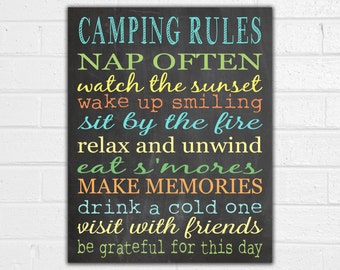 Camping Rules Print - Camping Sign - Vintage Camper Decor - Camper Art - RV Sign - Outdoor Decor - Camping Party - Camping Gifts