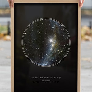 May include: A framed black and white star chart print with the text "and it was then that the stars did align" and "OUR WEDDING 19 OCTOBER 2017 | 6:51 PM | BROOKLYN, NEW YORK".