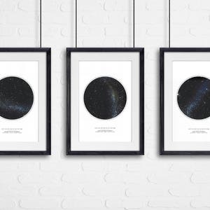 May include: Three black framed prints with white mats and a circular image of a night sky with stars. Each print has a small text description below the image.