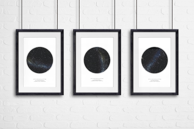 May include: Three black framed prints with white mats and a circular image of a night sky with stars. Each print has a small text description below the image.
